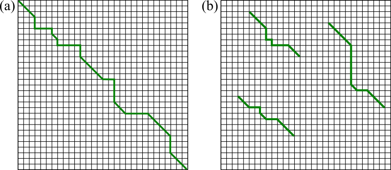 Example trace-back solutions generated by (a) global and (b) local alignment methods.