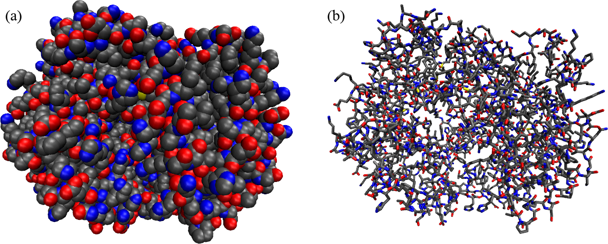 A protein (hemoglobin) represented in two different ways: (a) as a collection of atoms, shown as Van der Walls spheres, and (b) by putting emphasis on the covalent bonds that connect the atoms. The colour coding is: carbons are black, oxygens are reds, nitrogens are blue, phospori are yellow.